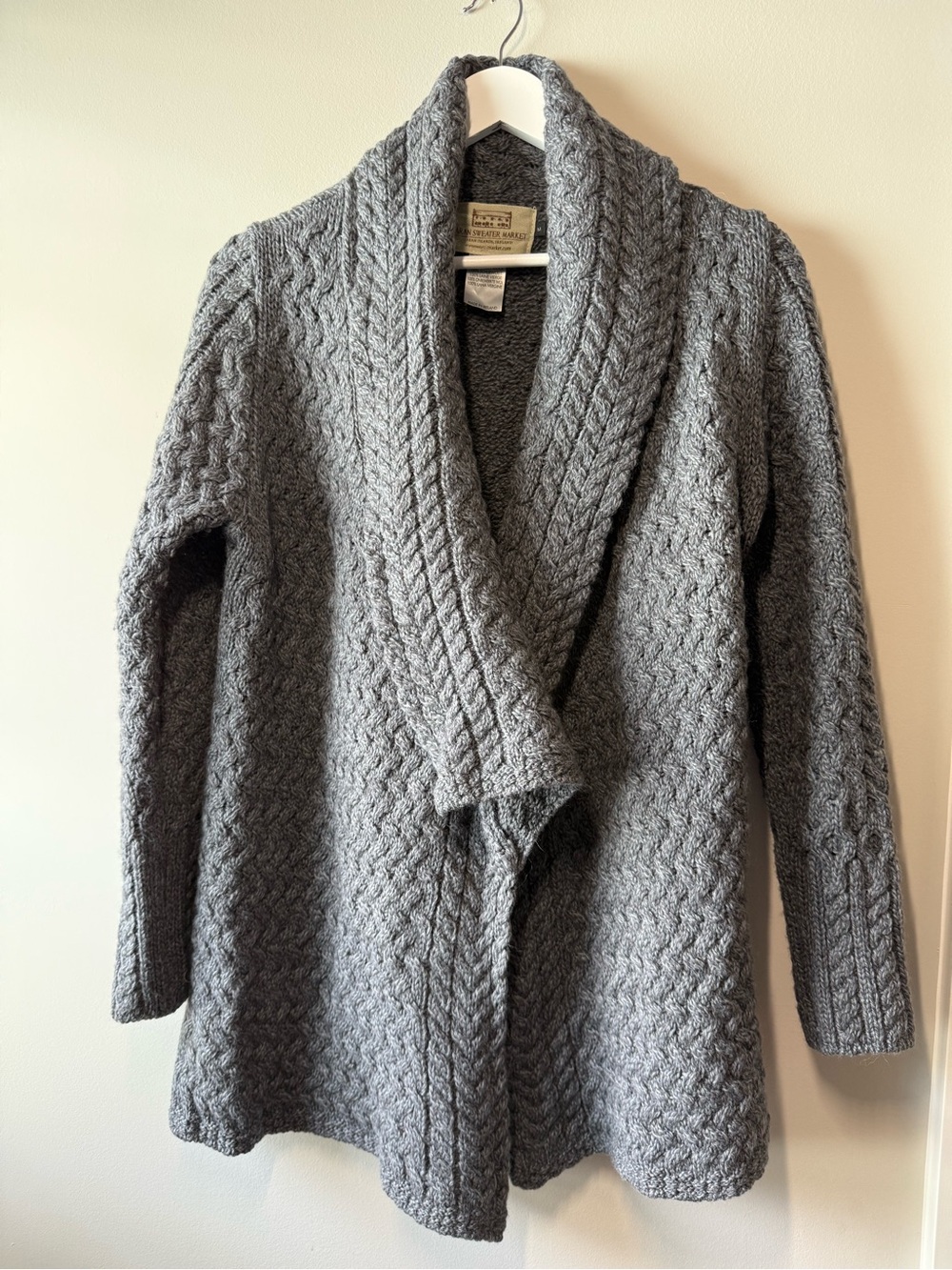 Aran Sweater Market Gray Cable Knit Wool Cardigan Medium Made in Ireland